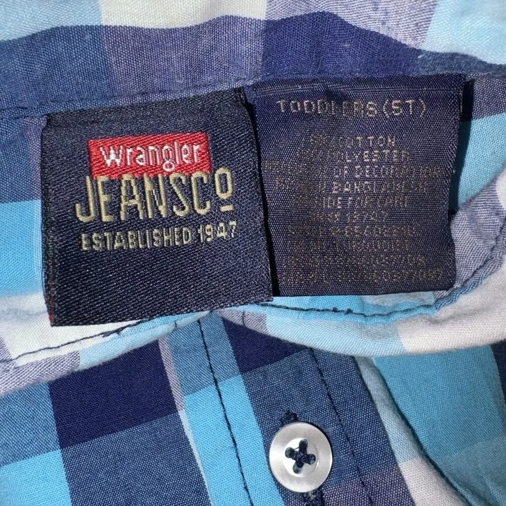 Wrangler Toddler Boys Plaid Button Up Shirt Blue Horse Logo 5T Long Sleeve